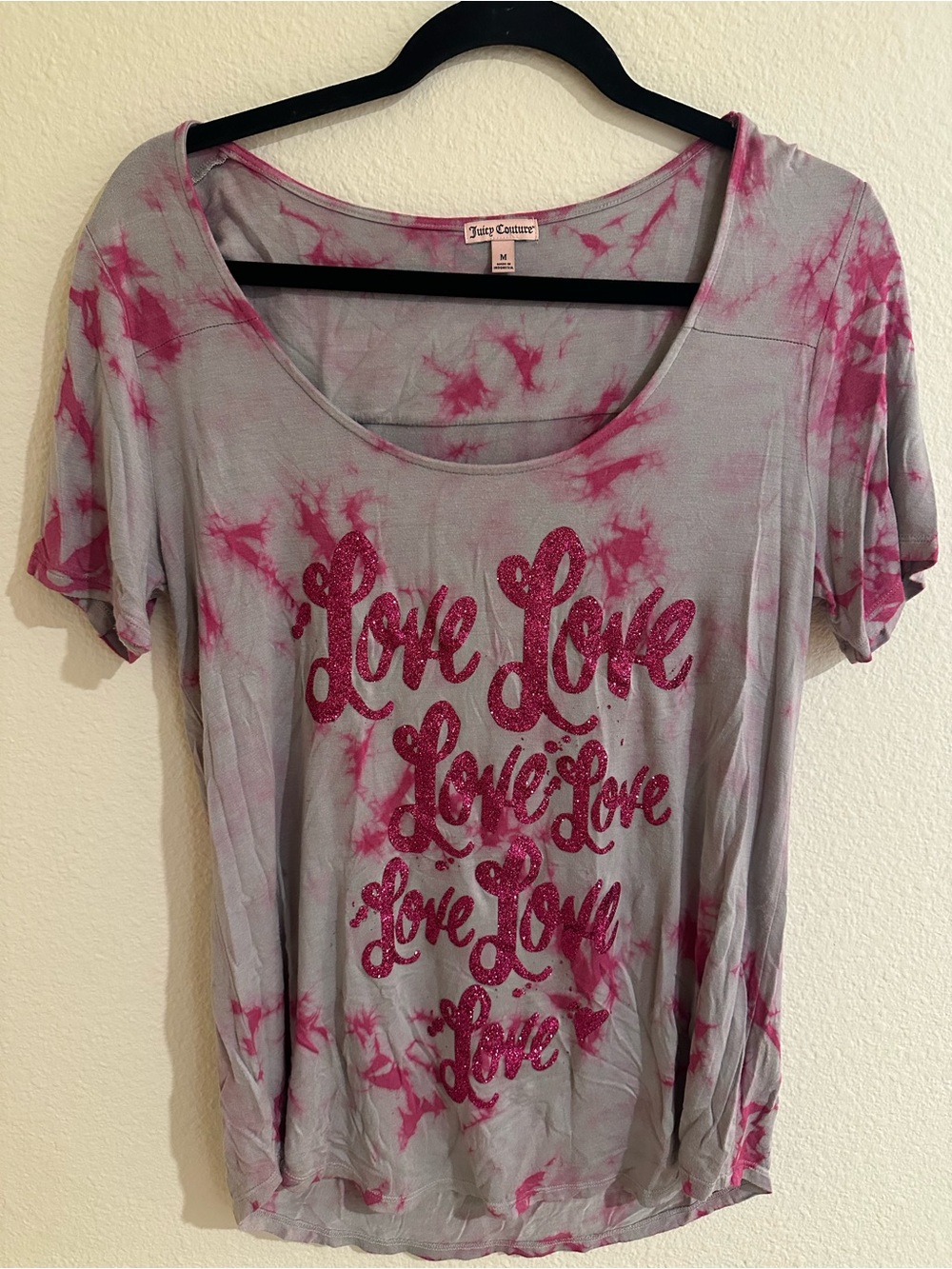 Juicy Couture Gray Tee with Pink Tie-Dye 'Love' Glitter Graphic